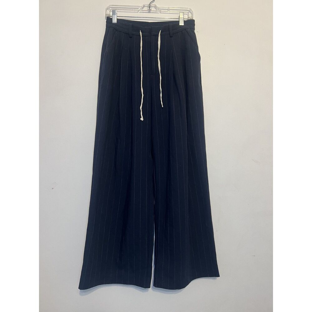 Anthropologie Maeve Avery Tie Front Wide Leg Trouser Pants Navy Pinstripe  S